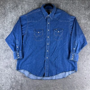 Wrangler Camicia Uomo 19 34 Blu Denim Perla Snap Coda Lunga Western Cowboy - Foto 1 di 15