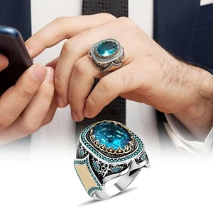 Anillo Turco Plata de Ley 925 Color Azul Gemas Piedra Hombre Talla 10 - Imagen 1 de 1