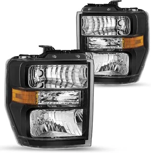 Fits 2008 to 2014 Ford E150 E250 E350 E450 Econoline Black Headlights Headlamps - Picture 1 of 6