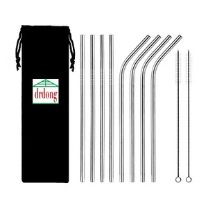 drdong-8 wiederverwendbare Edelstahl Strohhalme, 4 gerade, 4 gebogen, 2 Bürsten, 1 Beutel - Bild 1 von 8