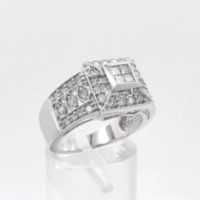 14k White Gold Wide Band Halo Ring Setting Natural Diamond Center Invisible Set - Image 1 of 4