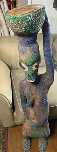 48" Tall Antique African Bamileke African Female Carrying Vessel Tribal Statue - Picture 1 of 12