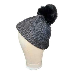 AQUA Bloomingdales Women's Charcoal Black Pom Pom Beanie Chunky Knit Alpaca NWT - Picture 1 of 6