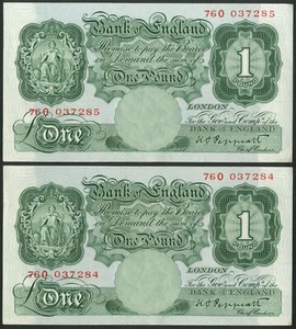 Banco de Inglaterra, K.O. Peppiatt, 1 libra, [1934], serie 760, par consecutivo - Imagen 1 de 2