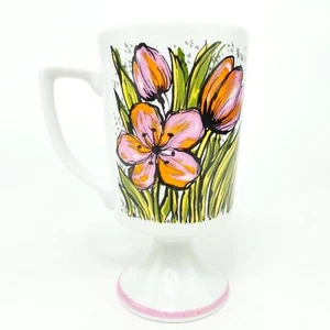 Vintage Coffee Mug Footed w/ Spring Floral Decoration Pink & Orange Tulips - Picture 1 of 8