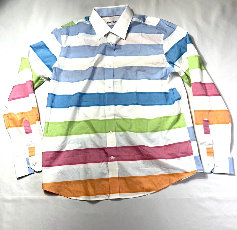 REPORT COLLECTION Men's Button Front Shirt ~ XL Blue Green White Orange Stripe - Image 1 of 4