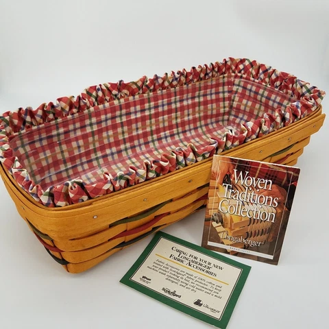 Longaberger Woven Traditions Bread Basket+Cherry Plaid Liner+Protector TABLE EUC Cover