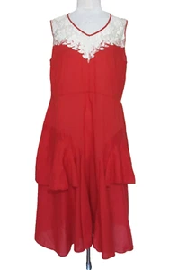 J. Peterman Red/Orange Ruffled Dress Whtie Lace Trim M Women - Picture 1 of 7