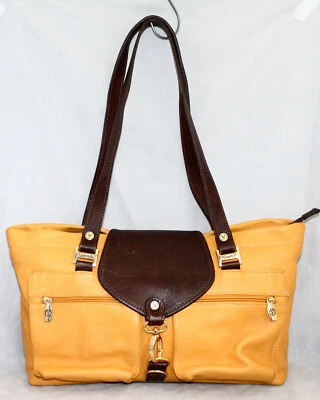 Bolso de cuero amarillo VALENTINA marrón con solapa bolsillos delanteros con cremallera doble correa Foto 1 de 4