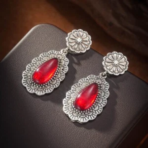 Sunflower Drop Antique Teardrop Amber Gemstone Silver Stud Earrings - Picture 1 of 4