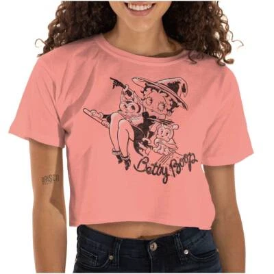 Betty Boop Halloween Spooky Witch Cartoon Womens Raw Edge Crop T-shirt Foto 1 de 4