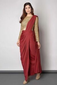 Maroon Georgette Saree with Golden Blouse Bollywood Designer Sari Blouse Dresses