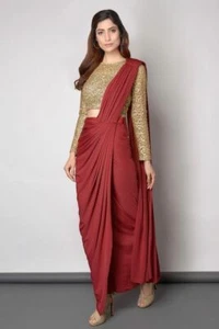 Maroon Georgette Saree with Golden Blouse Bollywood Designer Sari Blouse Dresses - Picture 1 of 2