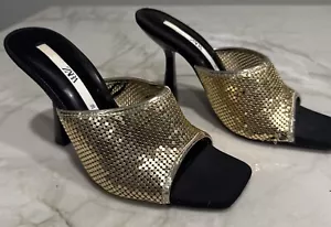 Zara Gold Mesh Chainmail Detail Black Heeled Sandal Size 38 AS IS - Picture 1 of 11