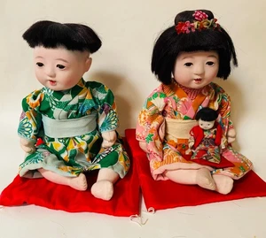 Bambola giapponese Gofun Ichimatsu vintage 14" ragazzo ragazza coppia in kimono + mini bambola DIFETTI - Foto 1 di 14
