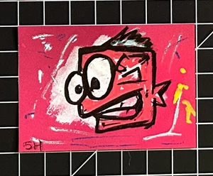 Quadro originale ACEO, stile cartone animato pesce eccentrico street art sensazione oceano acquatico - Foto 1 di 4