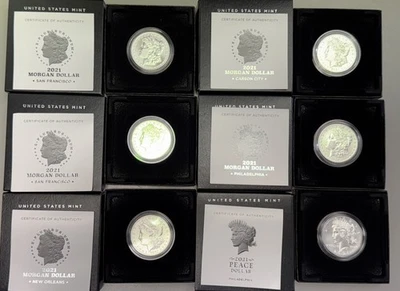 2021-P/D/O/S/CC MORGAN & PEACE 6 COIN 100TH ANN COMMEM DOLLAR SET, GEM BU IN OGP - Image 1 of 4