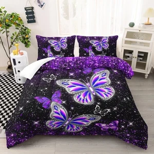 Ntlfup Butterfly Comforter Set Starry Sky Galaxy Duvet Black Purple Butterfly... - Picture 1 of 7