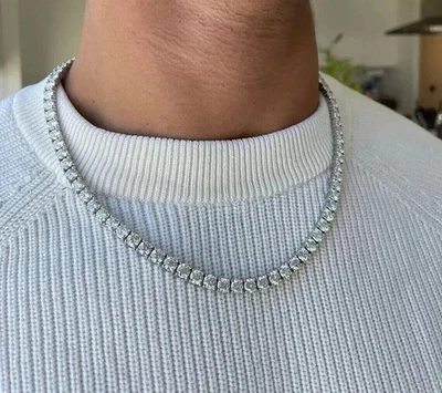 14Ct Round Cut Lab Created Diamond Men's Tennis Necklace 14K Wh Gold Plated 18" - Image 1 of 4