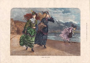 1875 Victorian Girls at Seashore 11x16 HAND COLORED ENGRAVING PRINT Read P149 - Picture 1 of 2