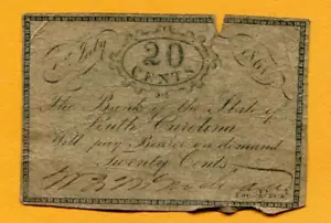 BÜRGERKRIEG 1861 BANK OF STATE SC 20 CENT NOTE GEDRUCKT AUF RÜCKSEITE DER GA NOTE RAR - Bild 1 von 2