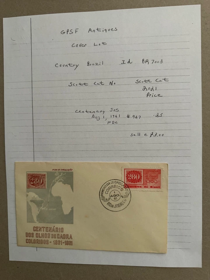 Brazil  FDC Brazil Scott Cat 927 issued Aug. 1, 1961 Stamp on Stamp - Image 1 of 1