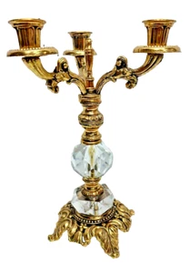 Candelabro Vintage Dorado Hollywood Regency 3 Brazos Luz Reflectante Cristal - Imagen 1 de 6