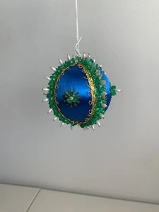 Vintage Handmade Push Pin Christmas Ornament Blue Green Sequin Beaded - Picture 1 of 5