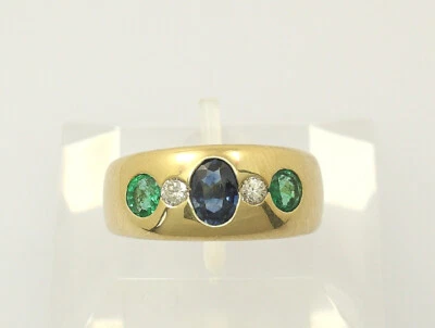 Band Ring 18 kt 18k 750 er Gelb Gold mit Saphir Safir Smaragd Brillanten Gr 55,5 - Bild 1 von 4