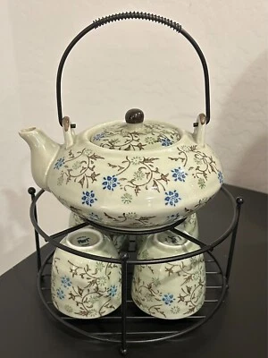 Tomoko Tea Set Pier 1 Imports Contains Teapot Metal Stand And 4 Cups Blue Floral - Image 1 of 4