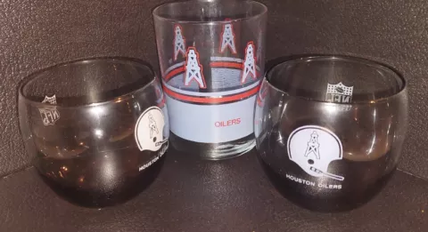 Vintage 1970's NFL Houston Oilers Glass Low Ball Smoked Rocks Glass Lot Of 2 + Cover