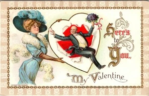 MY VALENTINE - WOMAN & MAN IN HEART - 1910 EMBOSSED HOLIDAY GREETING POSTCARD - Picture 1 of 2