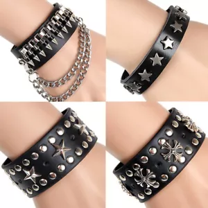 Herren Frauen Spike Nieten Armband Punk Goth Biker breites Lederarmband - Bild 1 von 21