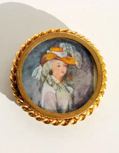 MAGNIFIQUE BROCHE MINIATURE PEINT MAIN SUR NACRE / VERRE - PORTRAIT FEMME XIXe - Picture 1 of 2