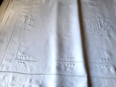 N32 Ancien drap en fil de lin brodé monogram RP jours & retour 234x297cm Ann 50 - Photo 1/4
