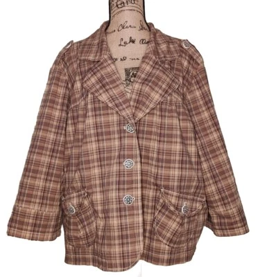 LA Blues - Chaqueta Ligera Marrón Forrada a Cuadros Manga 3/4 Botón Frontal Talla 26W Foto 1 de 4
