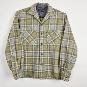 Vintage Merrill Woolen Mills Plaid Flannel 60s Size Medium Yellow Loop Collar - Picture 1 of 7