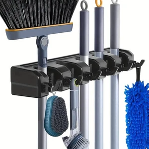 Heavy-Duty Mop Holder with 5 Slots & 6 Hooks - Perfect for Indoor/Outdoor - Picture 1 of 29