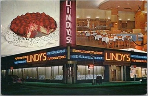 Postal vintage 1960 de la ciudad de Nueva York LINDY'S RESTAURANTE "World Famous Cheesecake" - Imagen 1 de 2