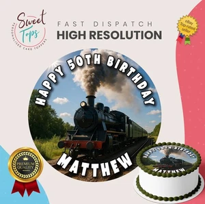 Steam Train Personalised Round Edible Birthday Cake Topper Cake Decoration - Picture 1 of 6