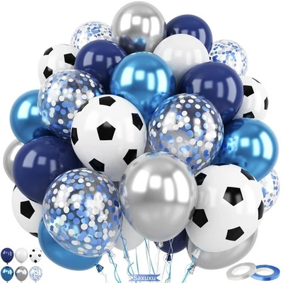 Globos de fiesta de fútbol, paquete de 60 decoraciones metálicas azules plateadas blancas de látex Foto 1 de 4