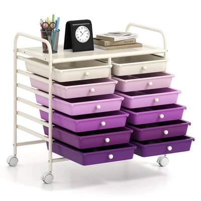 12 Drawers Rolling Cart Storage Bins Scrapbook Paper Studio Organizer Purple - Image 1 of 4