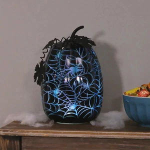 LED Glass Pumpkin, Black, Spiderweb - Picture 1 of 3