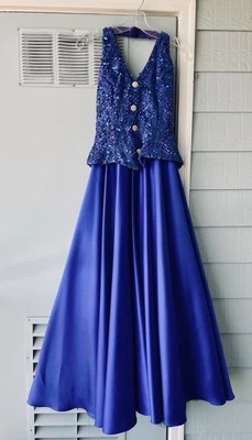 Dave & Johnny винтажный электрический синий с бретелью через шею выпускное платье 1996 - Изображение 1 из 4