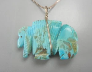 Native American 1 1/2" Bison Fetish Pendant Turquoise Sterling Silver 23" Chain - Picture 1 of 8