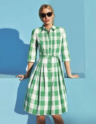 Boden Green Gingham Plaid Shirt Dress Pintuck Pleated Retro Cotton Flare Size 6 - Image 1 of 4