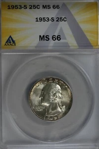 1953-S .25 ANACS MS 66 Washington Quarter, Silver 25 Cents (0.25) - Picture 1 of 2