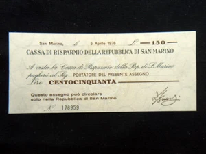 Moneda de emergencia 150 L San Marino 1976 rara emisión oficial cheque billete - Imagen 1 de 2
