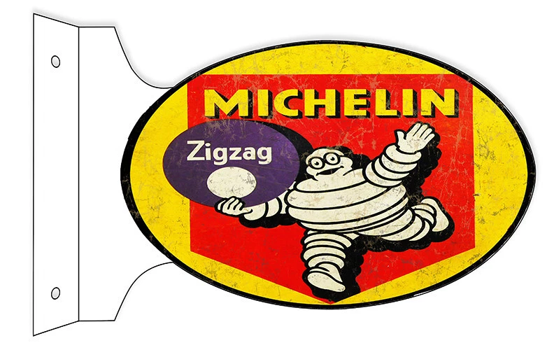 MICHELIN ZIGZAG TIRES 18" HEAVY DUTY USA MADE METAL DOUBLE SIDED GAS ADV SIGN - Image 1 of 1