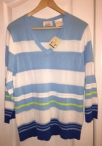 Maglione golf nuovo con etichette EP Pro blu bianco righe glitter scollo a V top donna - Foto 1 di 5